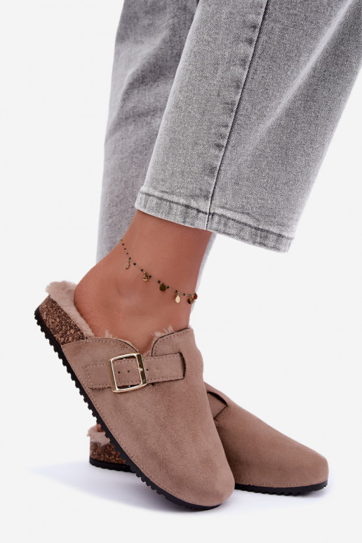 women's clogs with fur inside and buckles in sand Tamera