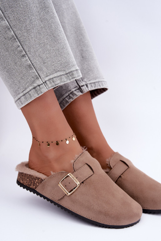 women's clogs with fur inside and buckles in sand Tamera