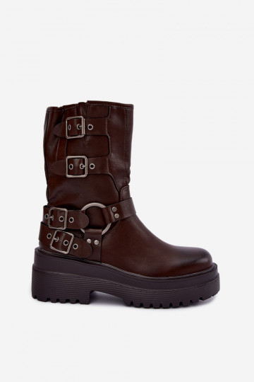 Warm ankle boots with platform and buckles in chocolate color Gilmora 2