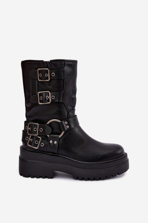 Warm ankle boots with platform and buckles in black color Gilmora
