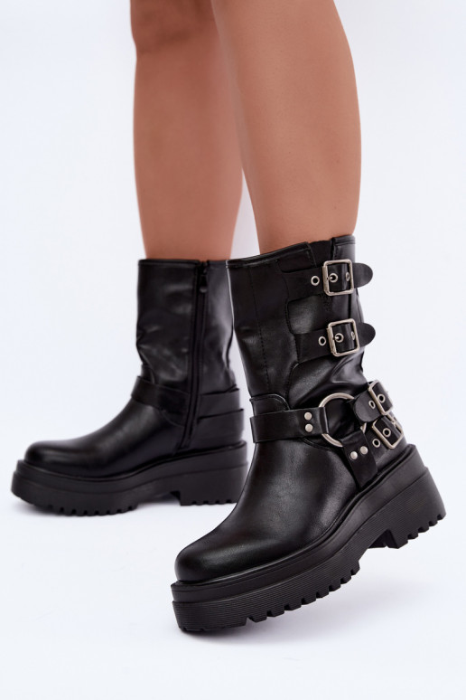 Warm ankle boots with platform and buckles in black color Gilmora