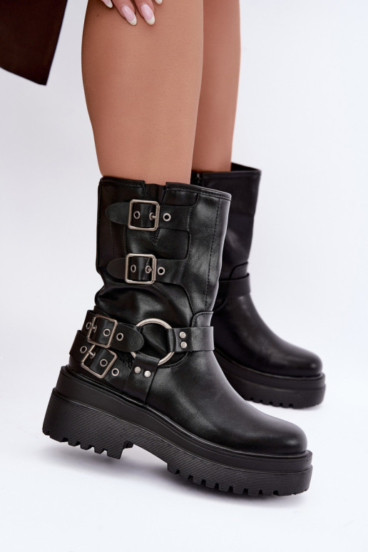 Warm ankle boots with platform and buckles in black color Gilmora