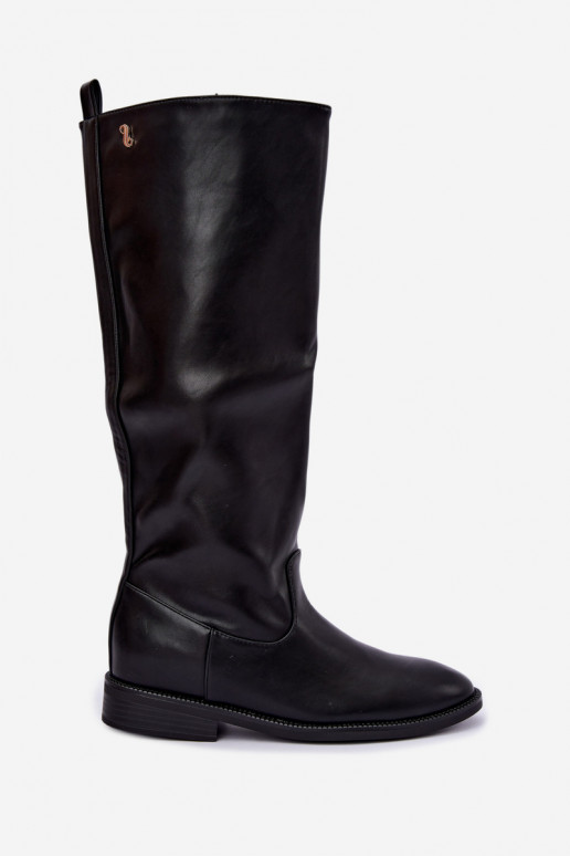 Warm knee-high boots with wide heels and ruffles in black color Odelira