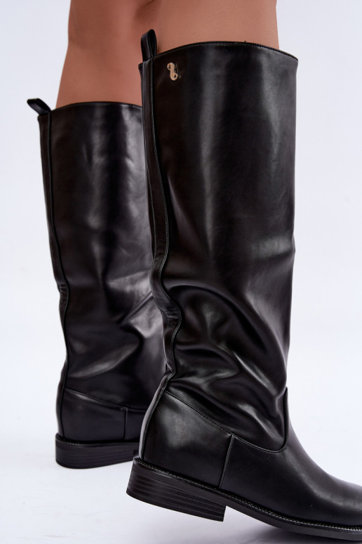 Warm knee-high boots with wide heels and ruffles in black color Odelira