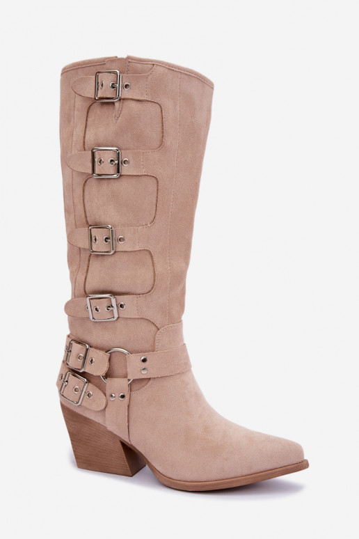 Knee-high cowboy-style boots with heels and buckles in ivory color Fivelle