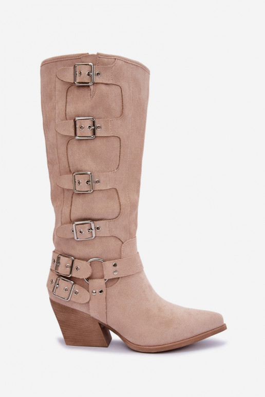 Knee-high cowboy-style boots with heels and buckles in ivory color Fivelle