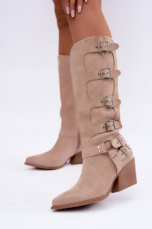 Knee-high cowboy-style boots with heels and buckles in ivory color Fivelle