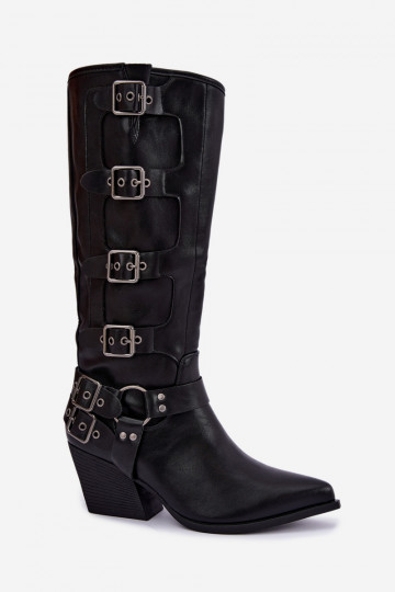 Knee-high cowboy-style boots with heels and buckles in black faux leather Fivelle