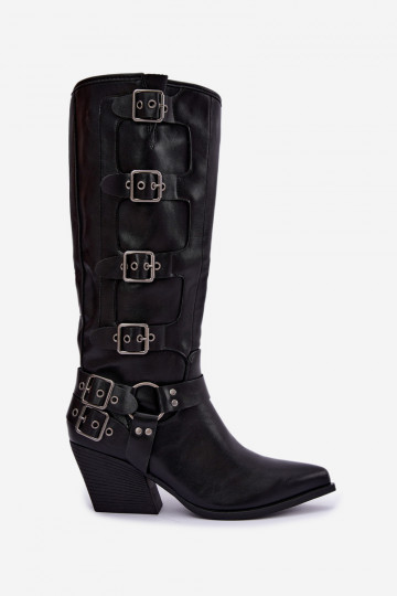 Knee-high cowboy-style boots with heels and buckles in black faux leather Fivelle 2