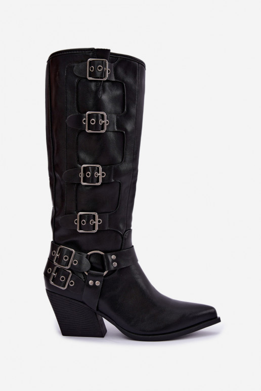 Knee-high cowboy-style boots with heels and buckles in black faux leather Fivelle