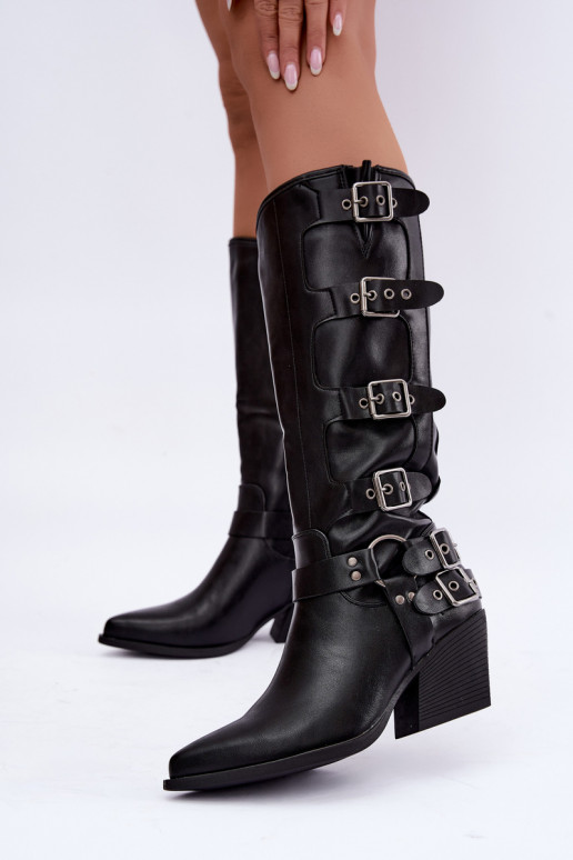 Knee-high cowboy-style boots with heels and buckles in black faux leather Fivelle