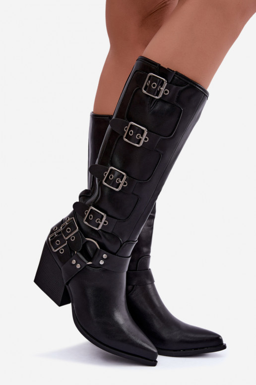Knee-high cowboy-style boots with heels and buckles in black faux leather Fivelle