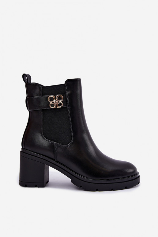 Warm stylish ankle boots with decorative straps in black color Irelina