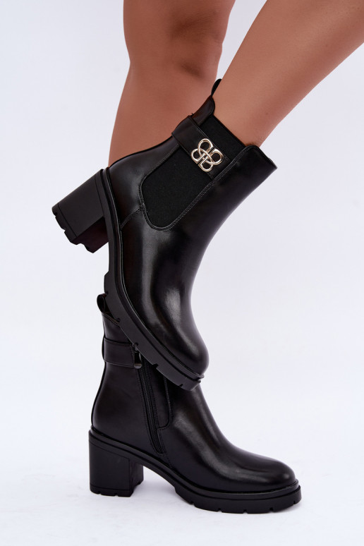 Warm stylish ankle boots with decorative straps in black color Irelina