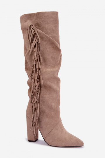 Warm wrinkled knee-high boots with heels and tassels in sand color Karmelle