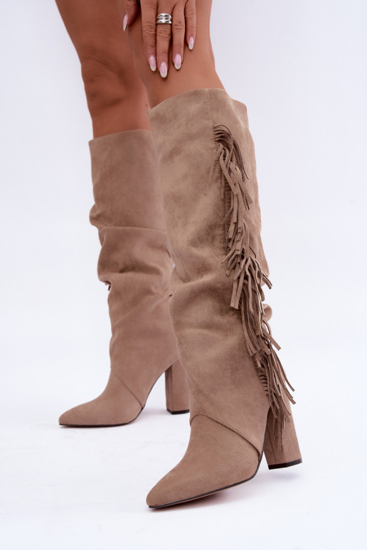 Warm wrinkled knee-high boots with heels and tassels in sand color Karmelle