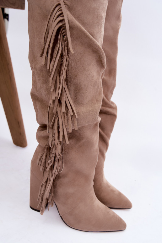 Warm wrinkled knee-high boots with heels and tassels in sand color Karmelle