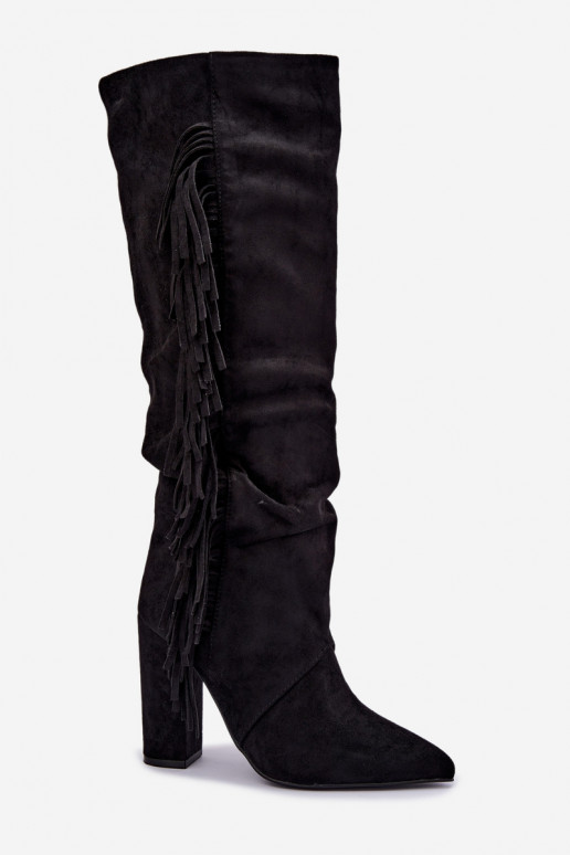 Warm wrinkled knee-high boots with heels and tassels in black color Karmelle
