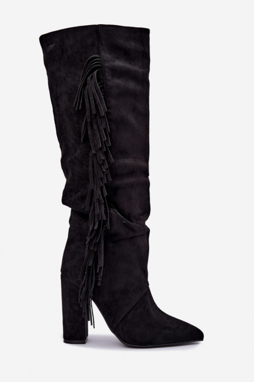 Warm wrinkled knee-high boots with heels and tassels in black color Karmelle
