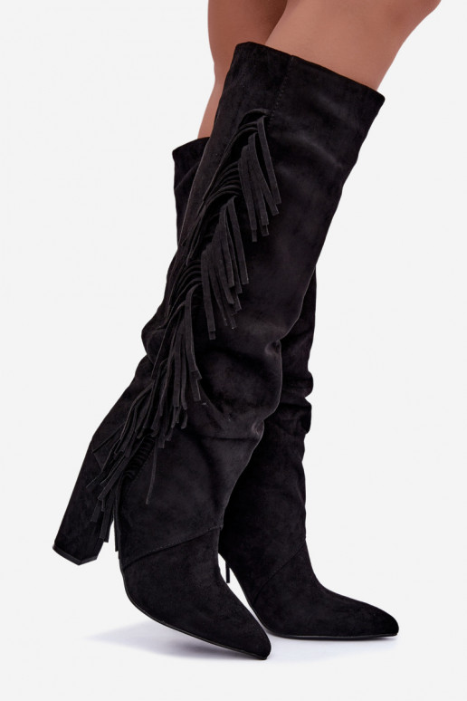 Warm wrinkled knee-high boots with heels and tassels in black color Karmelle