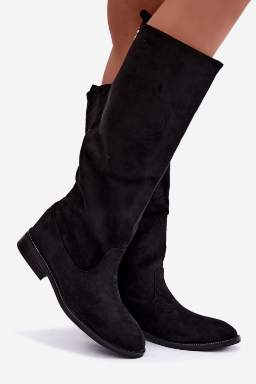Warm knee-high boots with wide heels and ruffles in black faux suede Odelira