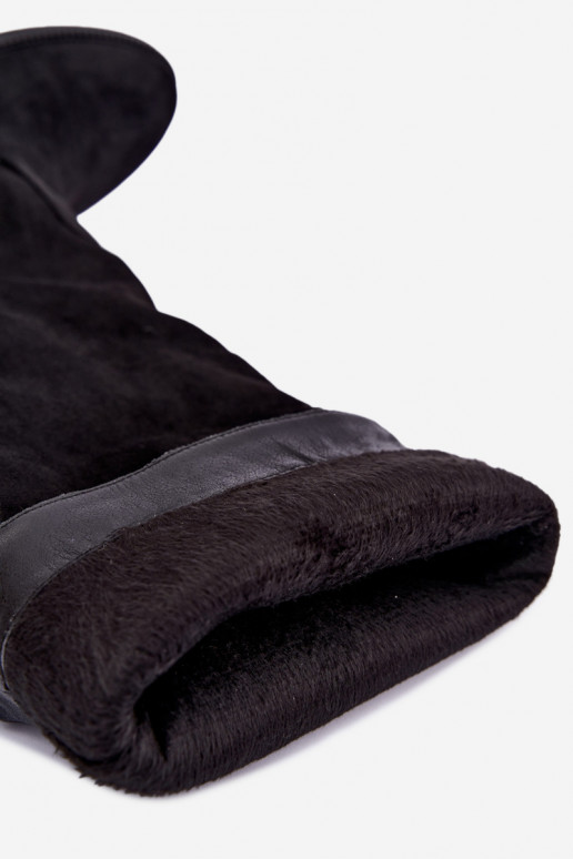 Warm knee-high boots with wide heels and ruffles in black faux suede Odelira