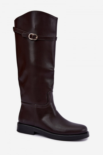 Women's knee-high boots with wide heels and straps with buckles in chocolate color Sylvena