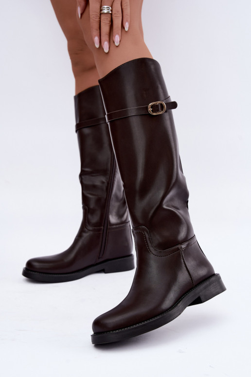 Women's knee-high boots with wide heels and straps with buckles in chocolate color Sylvena
