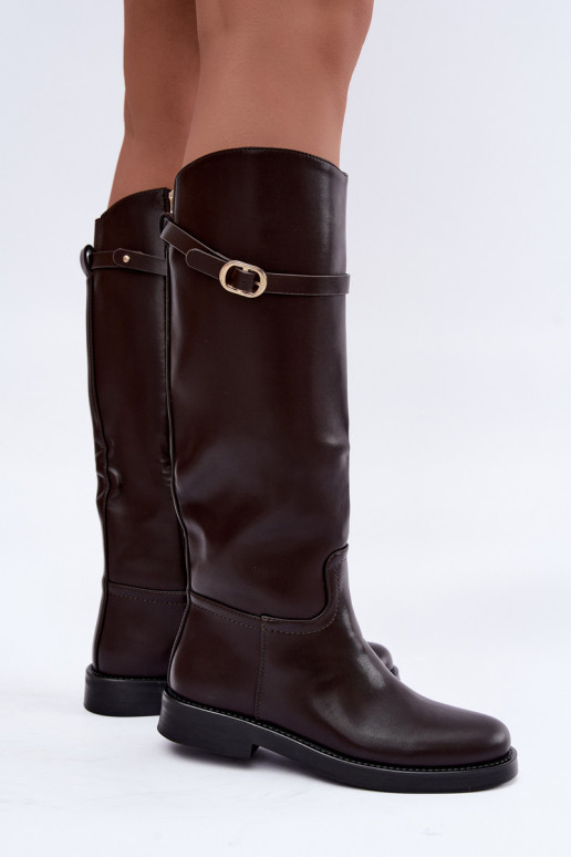 Women's knee-high boots with wide heels and straps with buckles in chocolate color Sylvena