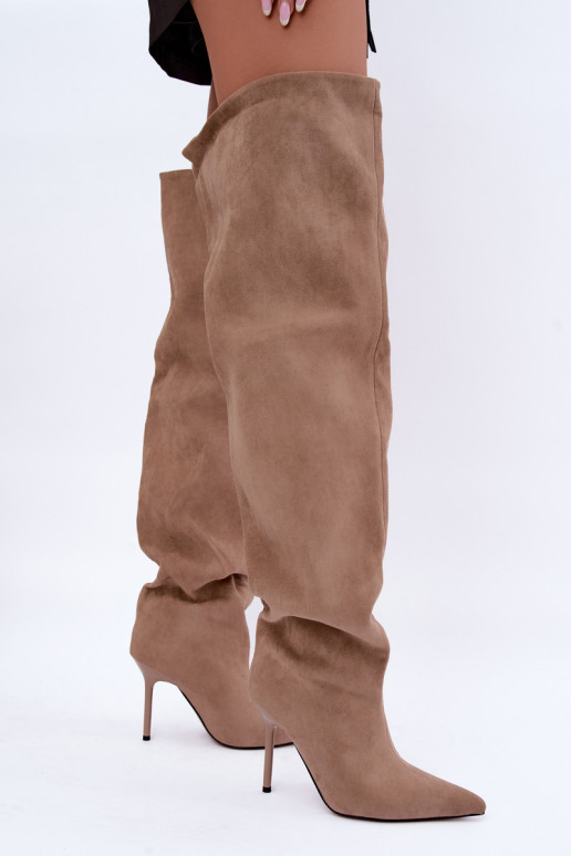 Women's knee-high boots with slim heels in sand color Aderelle