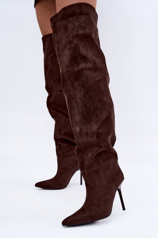 Women's knee-high boots with slim heels in brown color Aderelle