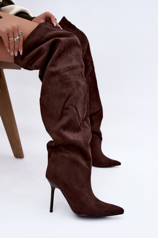 Women's knee-high boots with slim heels in brown color Aderelle