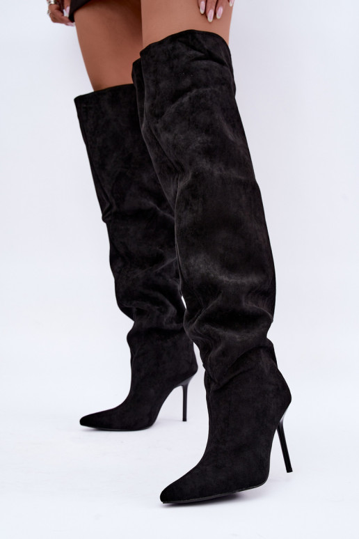 Women's knee-high boots with slim heels in black color Aderelle