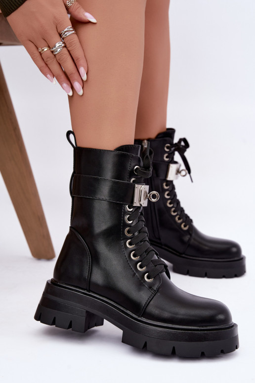 Insulated work ankle boots with decorated heels in black color Ardelisse