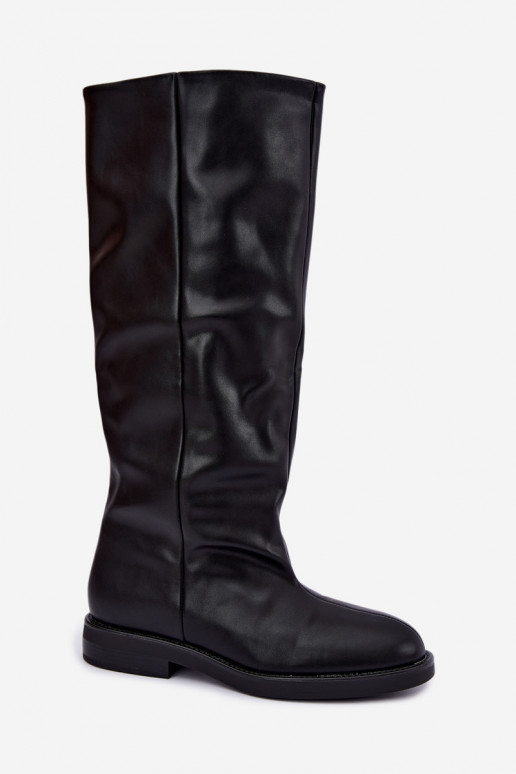 Slip-on knee-high boots with wide heels in black color Pavellea