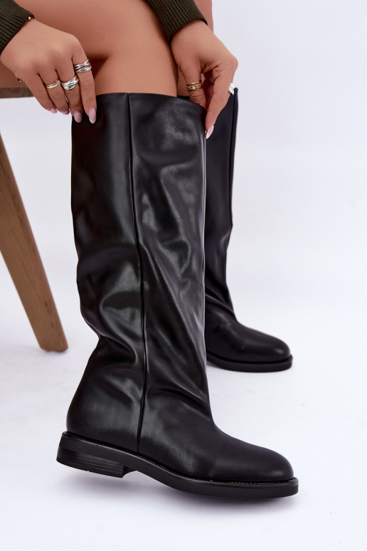 Slip-on knee-high boots with wide heels in black color Pavellea