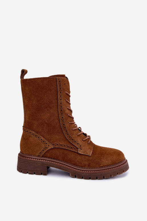 Warm brown lace-up ankle boots made of suede Rasvena