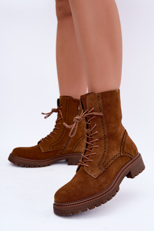 Warm brown lace-up ankle boots made of suede Rasvena