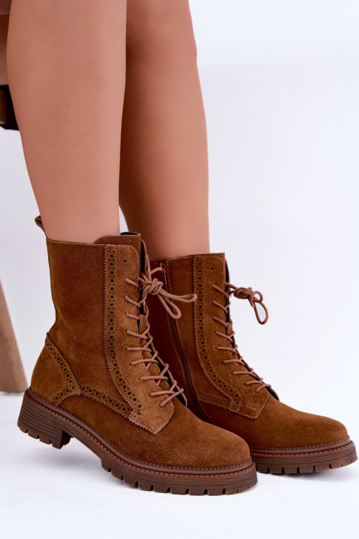 Warm brown lace-up ankle boots made of suede Rasvena
