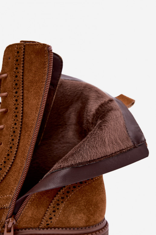Warm brown lace-up ankle boots made of suede Rasvena
