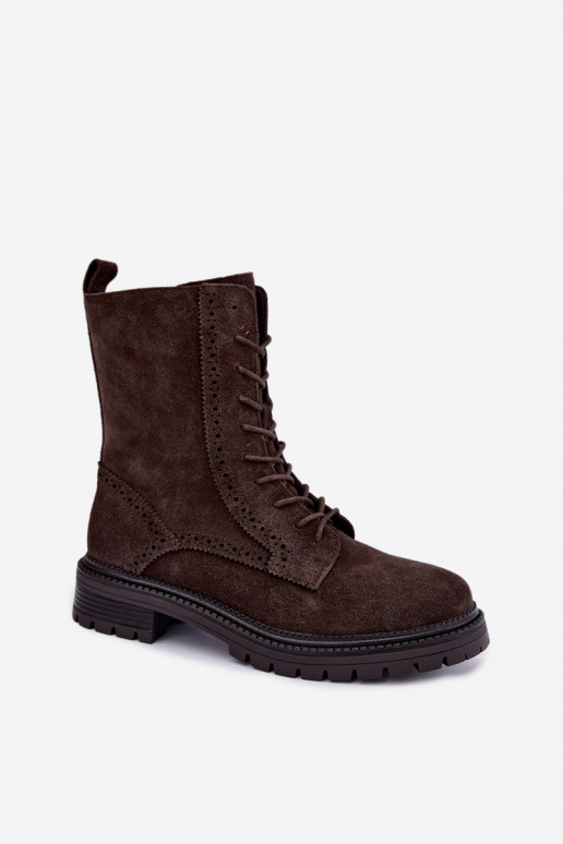 Warm lace-up ankle boots made of faux suede Czekoladoje Rasvena