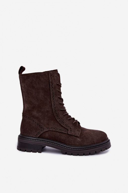 Warm lace-up ankle boots made of faux suede Czekoladoje Rasvena