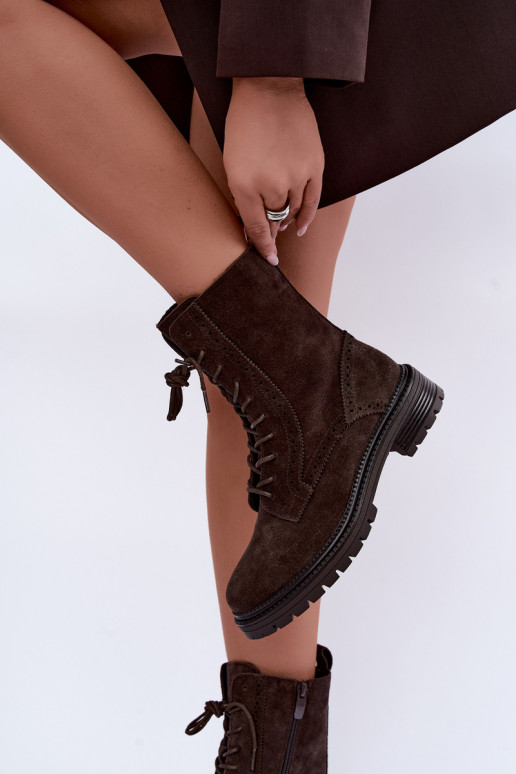 Warm lace-up ankle boots made of faux suede Czekoladoje Rasvena