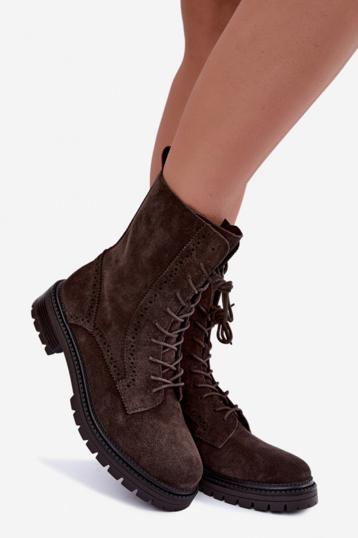 Warm lace-up ankle boots made of faux suede Czekoladoje Rasvena