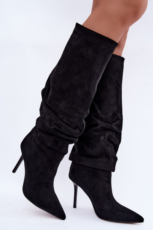 Black slip-on knee-high boots with thin heels Balira