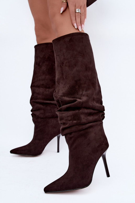 Chocolate slip-on knee-high boots with thin heels Balira
