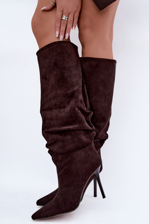 Chocolate slip-on knee-high boots with thin heels Balira