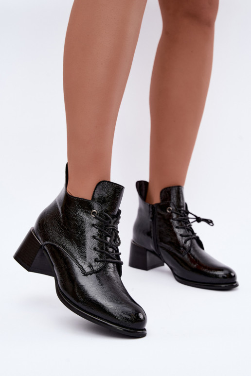 Warm black women's ankle boots with patent effect Klocku Hadelle