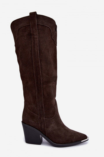Warm knee-high cowboy-style boots with heels in faux suede brown