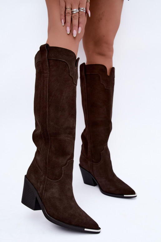 Warm knee-high cowboy-style boots with heels in faux suede brown